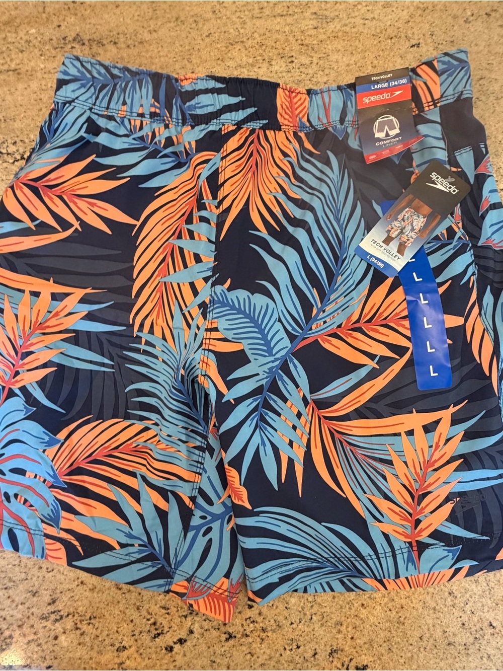 Speedo Men's Blue & Orange Tropical tech volley Swim Shorts  size large nwt